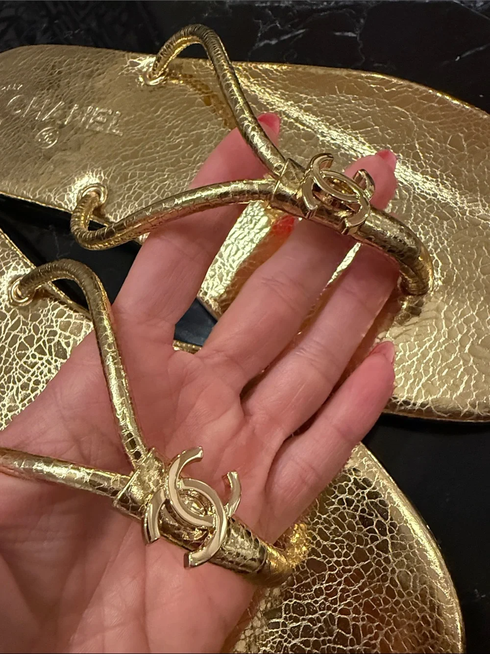 CHANEL Metallic Gold Leather Thong Sandals with Double CC Logo